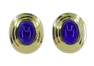 VINTAGE CHRISTIAN DIOR GOLD TONE CABOCHON LAPIS GLASS OVAL CLIP-ON EARRINGS ~ 1" - Picture 1 of 16