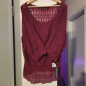 NEW ZAC & RACHEL Women Lace Knit Blouse Top Sz Lg Maroon Purple Berry 3/4 Sleeve - Picture 1 of 8