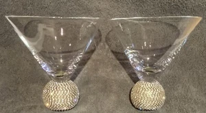 Stemless Set of Two Silver Crystal Jeweled Ball Base 10oz. Martini Glasses - Picture 1 of 9