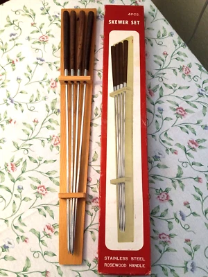 Skewer Set New Vintage Set of 4 w/Wood Rack Stainless Rosewood Handles 18" Japan - Image 1 of 3