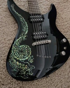 Luna Electric Guitar Rare Black: Inlay Abalone Dragon 3/4 SN O07054329 + Gig Bag - Picture 1 of 11