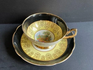 Regency Bone CHINA TEA CUP & SAUCER Black Rim Floral Centered - Picture 1 of 5