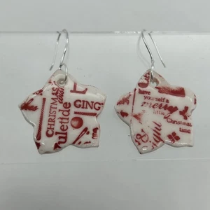 Handmade 925 Silver Porcelain Earrings Red White Star Hook Artisan Christmas - Picture 1 of 11