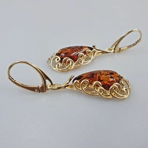 Amber Earrings Gold Plated 925 Large Gemstone Teardrop Earring Lever Back - Picture 1 of 6