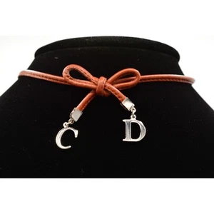Christian Dior Vintage Bow Choker Necklace Logo CD Charm Brown Leather Signed - Picture 1 of 24