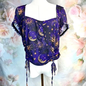 NWT Cosmic Aura Purple Celestial Moon & Sun Ruched Crop Top - Picture 1 of 5