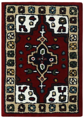 Wollteppich 40x60 Rot Beige Oriental Handgemacht Türvorleger Fussmatte HT373R - Bild 1 von 4