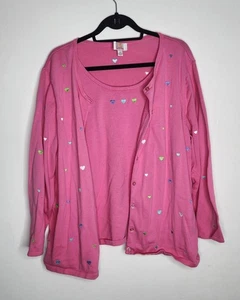 Quacker Factory Sweater Womens 2X Pink Heart Embroidered Cardigan Tank Twinset - Picture 1 of 7