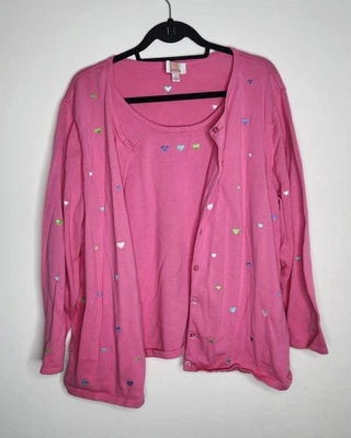 Quacker Factory Sweater Womens 2X Pink Heart Embroidered Cardigan Tank Twinset - Image 1 of 4
