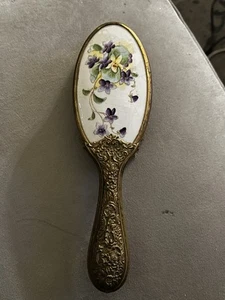 Antique Victorian Repousse Brass Handle Limoges Porcelain Hand Mirror Flowers - Picture 1 of 6