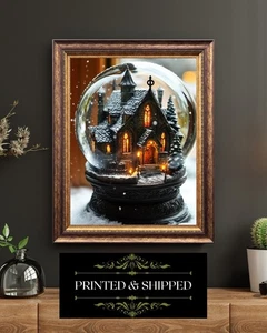 Gothic Snow Globe Church Art Print Holiday Winter Scene Surreal Christmas - Picture 1 of 5