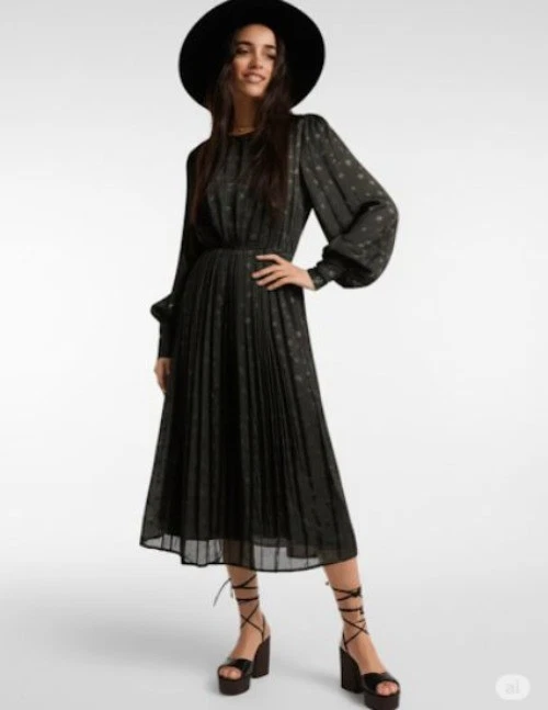 Max Studio Vintage Whimsy Goth Star Pattern Puff Sleeves Pleated Midi Dress M - Image 1 of 4
