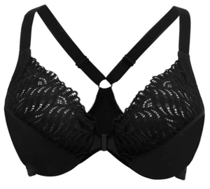 Glamorise WONDERWIRE Front-Close Bra 34B Stretch-Lace GORGEOUS T-BACK! Black NEW - Imagen 1 de 12