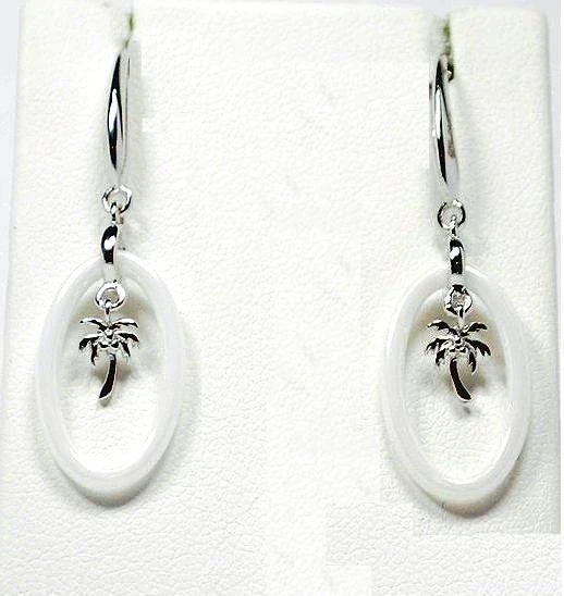 OVAL RING WHITE CERAMIC RHODIUM 925 STER SILVER HAWAIIAN PALM TREE HOOK EARRINGS Foto 1 de 1