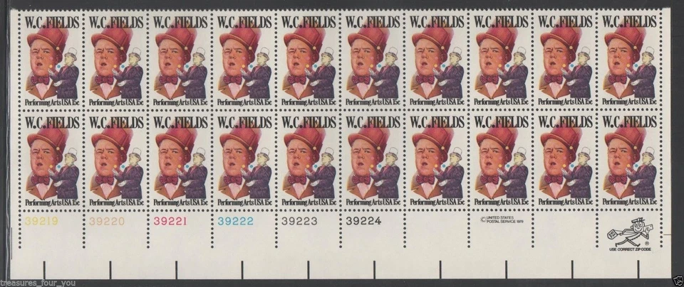 US #1803 15c Plate Block of 20 1979 W.C. Fields Peforming Arts Actor MNH - Image 1 of 1