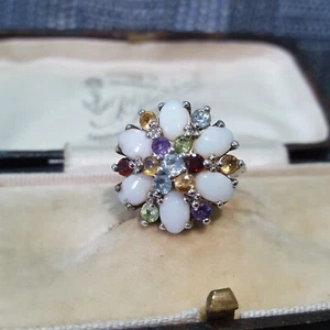 Vintage 925 Sterling Silver Ring, White Opal And Multi Gemstones,Size L US 5.75 - Picture 1 of 8