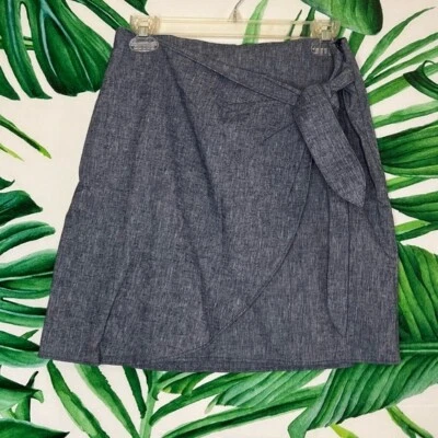 Falda Ann Taylor 4P Cambray Lino Azul Gris Imitación Envoltura Nudo Cremallera Lateral Línea A Foto 1 de 4