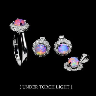 925 Argento Sterling Set Rotondo Opale di Fuoco 6mm Finto Cz Gemma Gioielli - Immagine 1 di 4