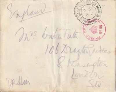 1914 GB WWI censored army base post cover sent to South Kensington - Image 1 of 2