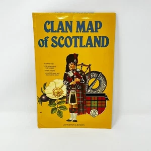 Clan Map Of Scotland Johnston & Bacon Clan & Plant Badges Maps 1980 1st Print - Picture 1 of 4