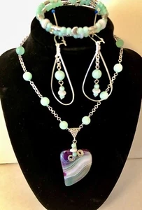 Collar de piedra de ágata y aguamarina con pulsera y pendientes 14+2"" EE. UU. 1766 - Imagen 1 de 5