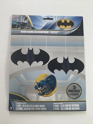BATMAN & BATMAN SYMBOLS HONEYCOMB HANGING DECORATIONS PACK ~ NEW, 3 PIECES - Image 1 of 2