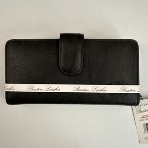 BUXTON Black Leather Long Checkbook Wallet with Floral Emboss 7”x3.5”x1.5” NWT - Picture 1 of 10