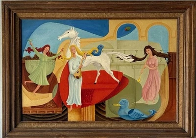 CHARLES LUEDTKE VINTAGE MODERN ABSTRACT SURREALIST OIL PAINTING CUBISM WOMAN 60s - Image 1 of 4