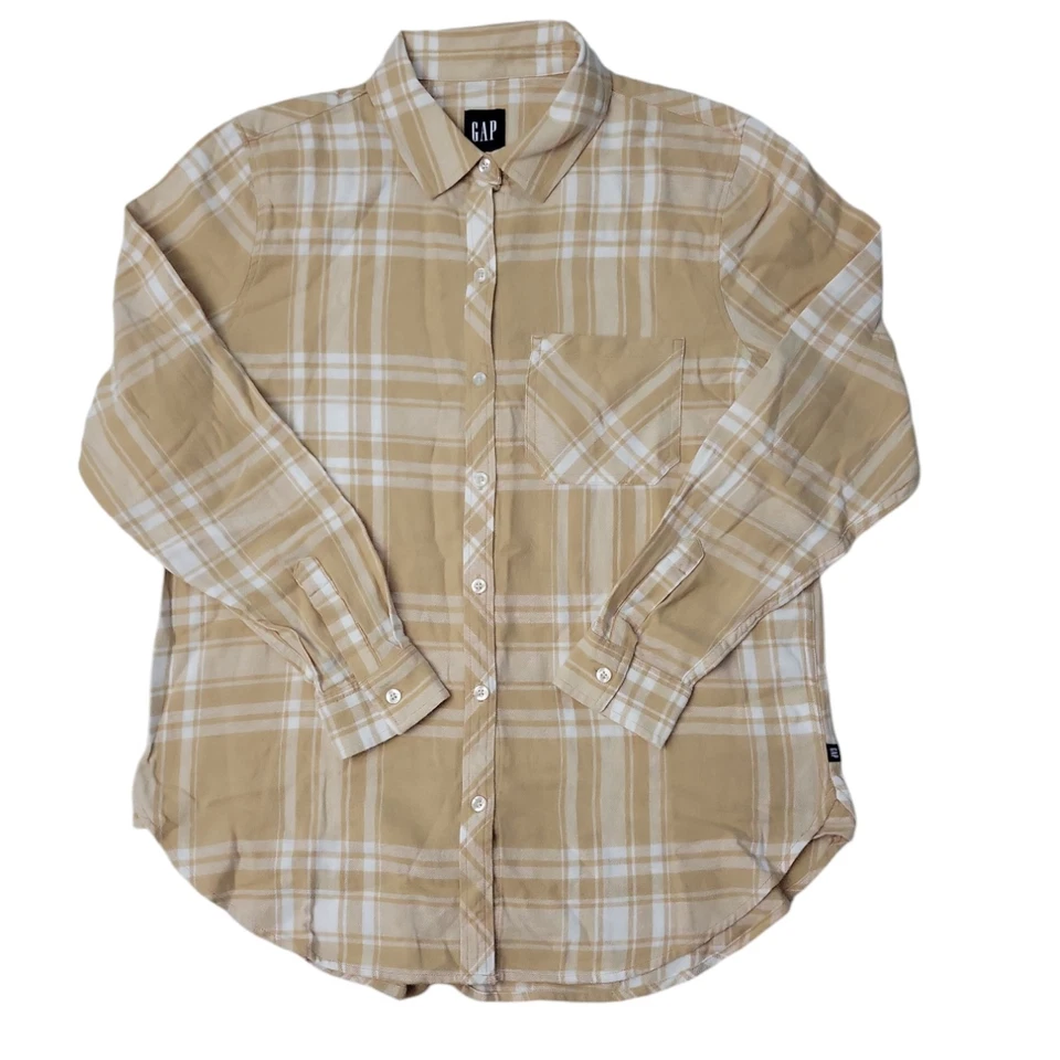Gap Women's Soft Cotton Relaxed Fit Button Up Flannel Shirt Size XS Cream