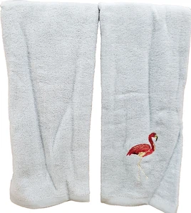 Set of 2 Same Embroidered Kitchen Terry Towels (15"x25") PINK FLAMINGO ON BLUE - Picture 1 of 24