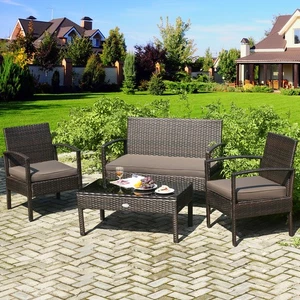 4PCS Outdoor Patio Rattan Furniture Set Cushioned Sofa Coffee Table Deck - Picture 1 of 8