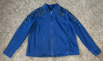Chaqueta BOB MACKIE Azul Denim Cremallera Completa Top Cuentas Estrás Bolsillos Artísticos GRANDE Foto 1 de 4