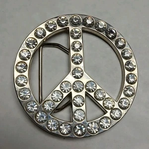 Rhinestone Peace Sign Metal Belt Buckle Silver Tone 3" Bling Diameter - Picture 1 of 3
