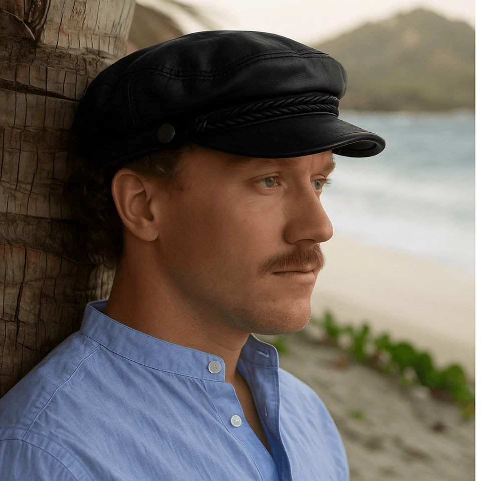 Mens Faux Leather Black Hat Fiddler Rider Greek Style Newsboy Cadet Men unisex - Image 1 of 4