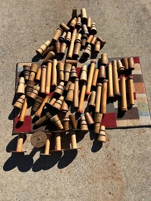 Lot of 77 pcs southern textile mill spindles, spools, wood moving parts, bobbins - Image 1 of 4