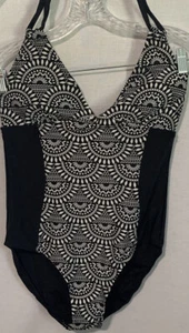 Merona |Größe M| Schwarz-Weiß Geometrisch Neckholder Einteiler Wattiert/Gefüttert Badeanzug   - Bild 1 von 6