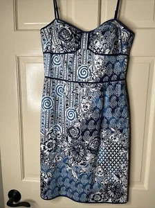Muse Spaghetti Strap Floral Abstract Bandana Print Dress Sz. 4 Lined Navy Trim - Picture 1 of 9
