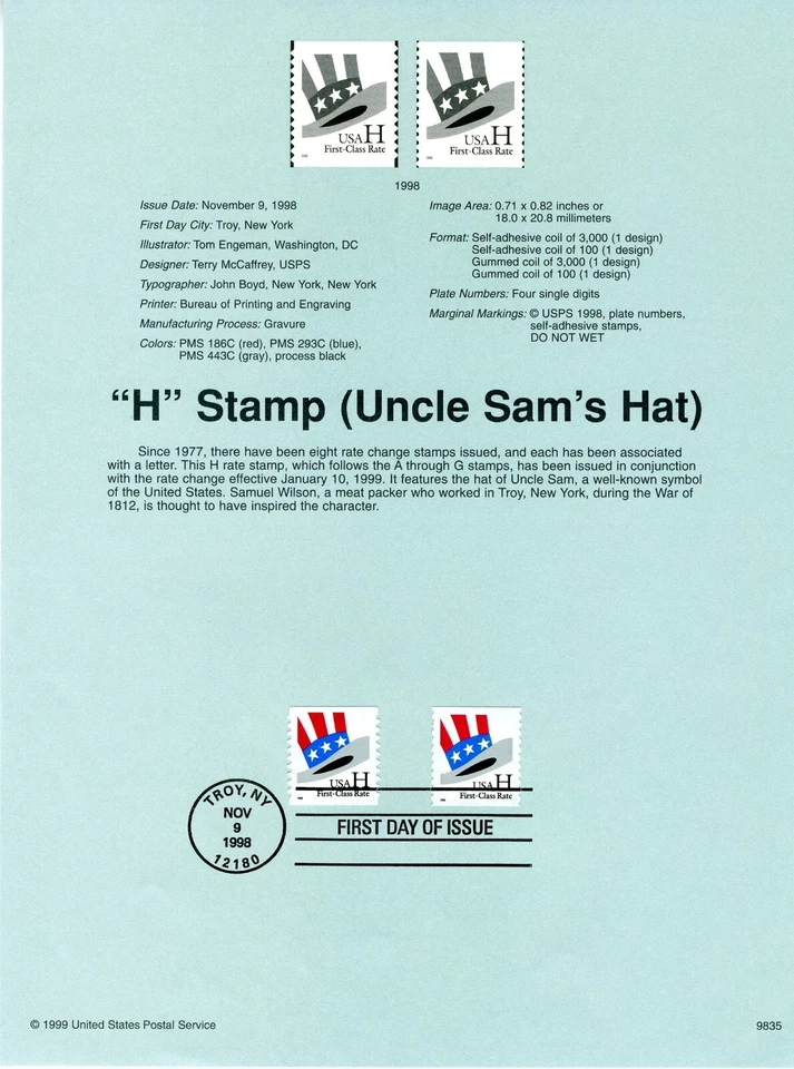 1998 USPS 33¢ H STAMP COIL SINGLES #9835 on Archival Paper - Image 1 of 1