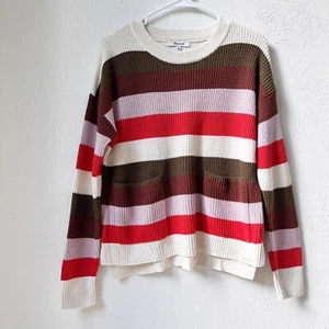 Suéter MADEWELL Mujer Parche Bolsillo Crew Multicolor Rayas Talla Pequeña Años 70 Retro - Imagen 1 de 4