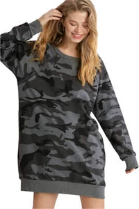 Umgee Camo Print Ribbed Hem French Terry Mini Dress - Picture 1 of 5