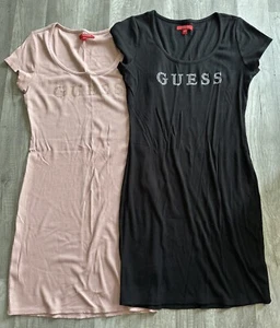 GUESS Ribbed Midi Dress Lot Of 2 Women's Large Jet Black Pink Cap Sleeve Gems - Picture 1 of 14