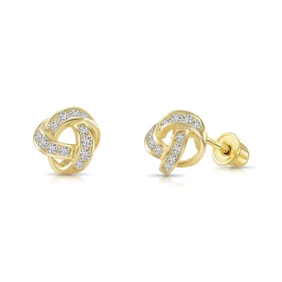 14K Real Solid Gold Dainty Love Knot Pave CZ Sleeper Stud Earrings Screw-back - Image 1 of 4