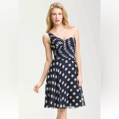 NWT Adrianna Papell one shoulder navy polka dot formal cocktail dress size 10 - Image 1 of 4