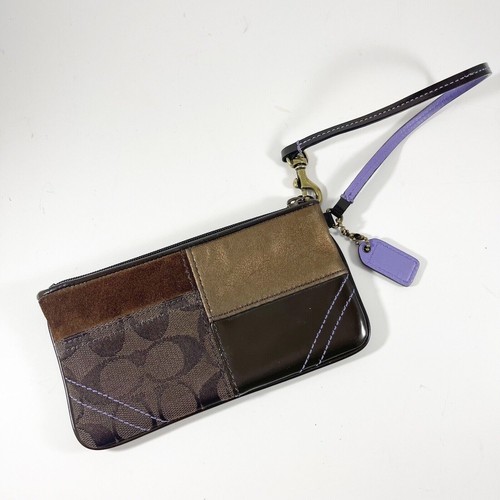 Portafoglio Coach originale pelle jacquard camoscio da polso pochette patchwork multicolore