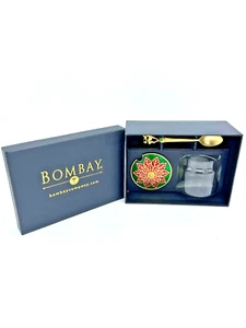 Christmas Gold Poinsettia Bombay Company Relish Jelly Jar & Reindeer Spoon w Box - Picture 1 of 7