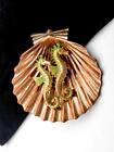 Beautiful 1940S Retro/Deco Rose Gold Shell & Enamel Seahorses Fur Clip Brooch