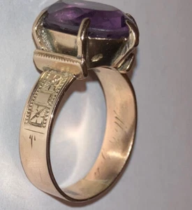 Anello antico vittoriano oro rosa 10 kt misura 11 spalle geometriche ametista 18mm - Foto 1 di 12