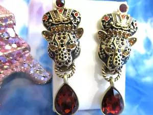 Gold-Tone Leopard Drop Rhinestone Earrings Signed NEW - Picture 1 of 7