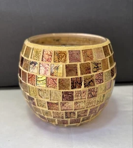 MOSAIC GLASS TILE VOTIVE HOLDER GOLD BROWN BRONZE IRIDESCENT - Picture 1 of 7