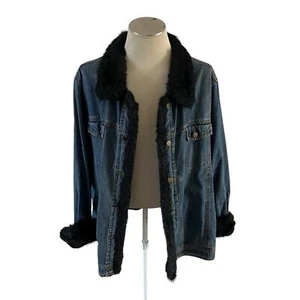 Retro Y2K Plus Size Black Faux Fur Trim Collar Denim Jacket Wmns 2x - Picture 1 of 10